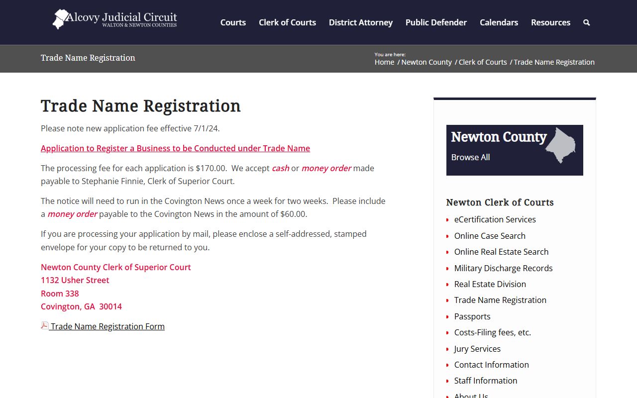 Newton County Clerk of Superior Court trade name registration