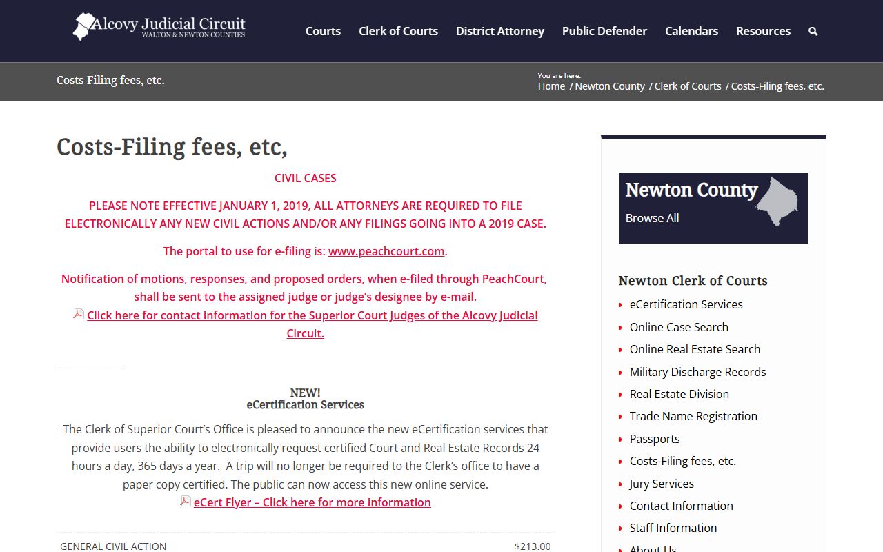 Newton County Clerk of Superior Court costs and filing fees