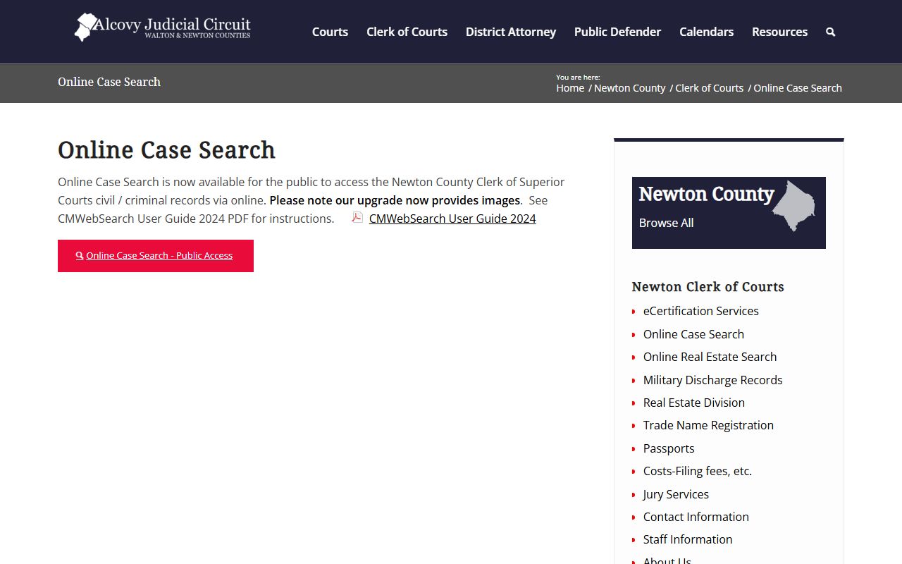 Newton County court records clerk online case search page