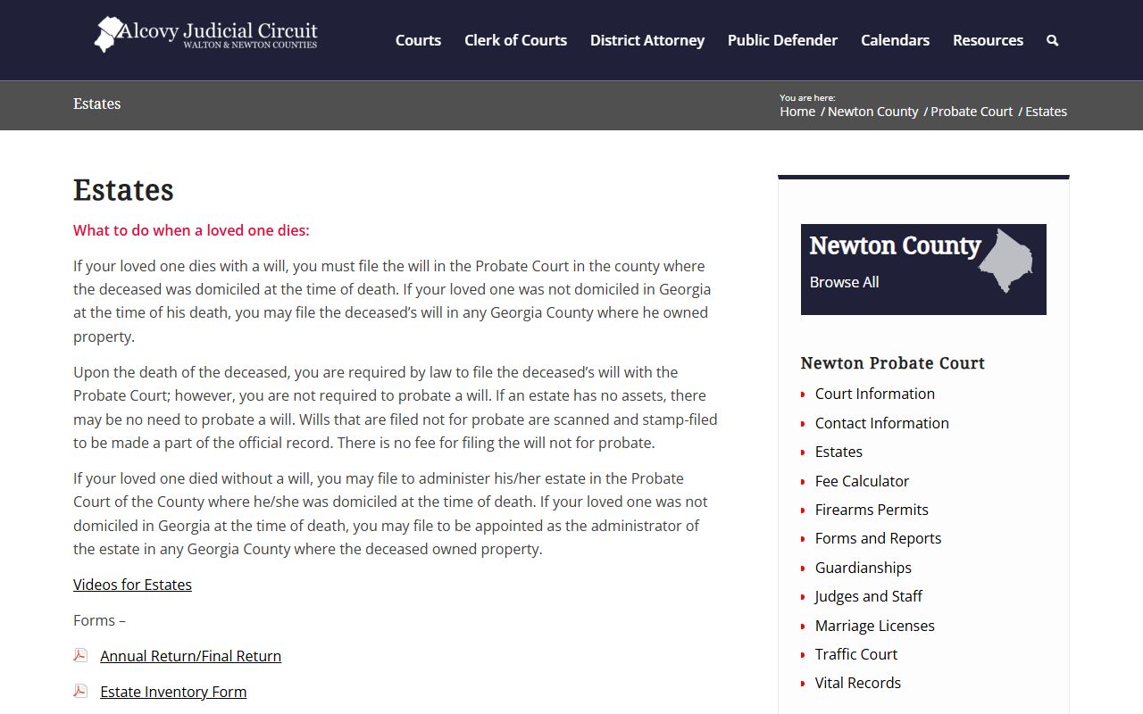 Newton County probate records estate filing instructions