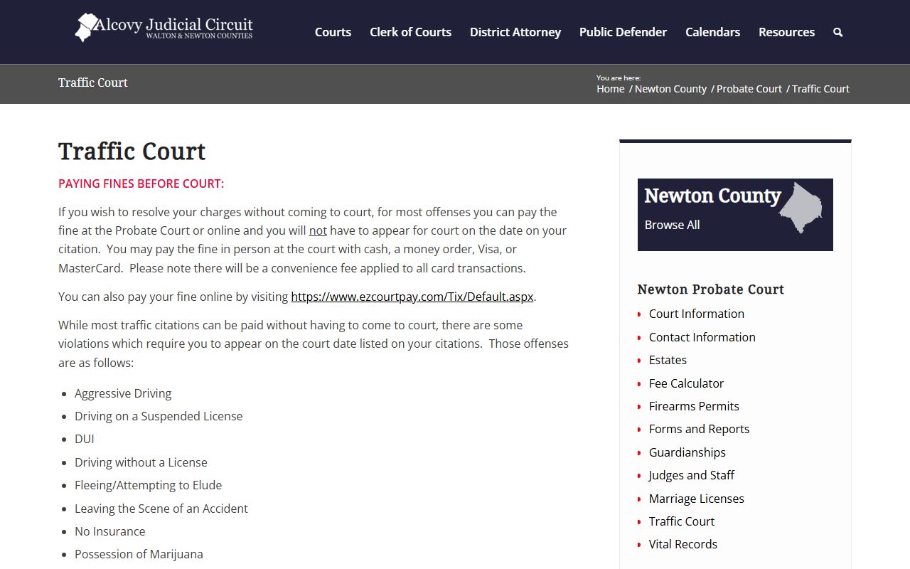 Newton County traffic court records Probate Traffic Court page