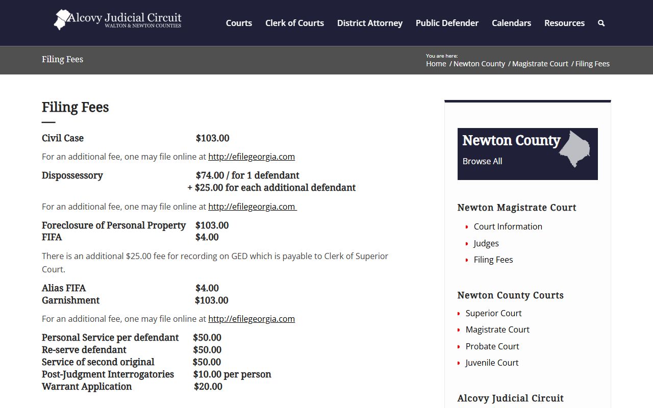 Newton County warrant records Magistrate Court filing fees